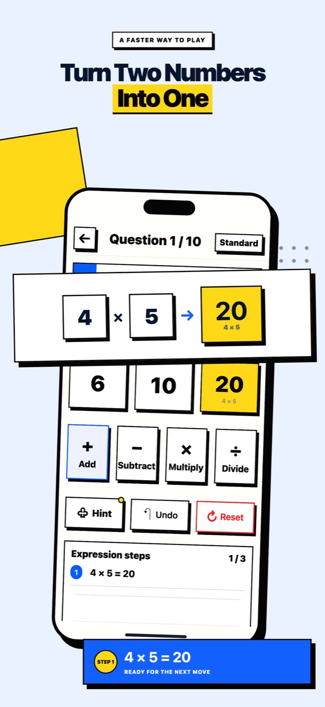 Mental Math 24 arithmetic puzzle with numbers and calculation controls