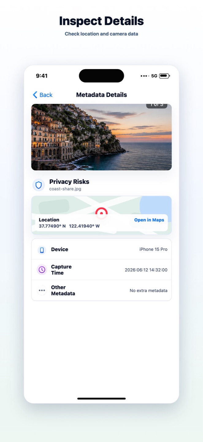 Inspect photo GPS, device and time metadata on iPhone