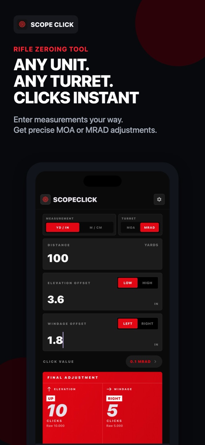 Scope Click App Store overview and dark interface